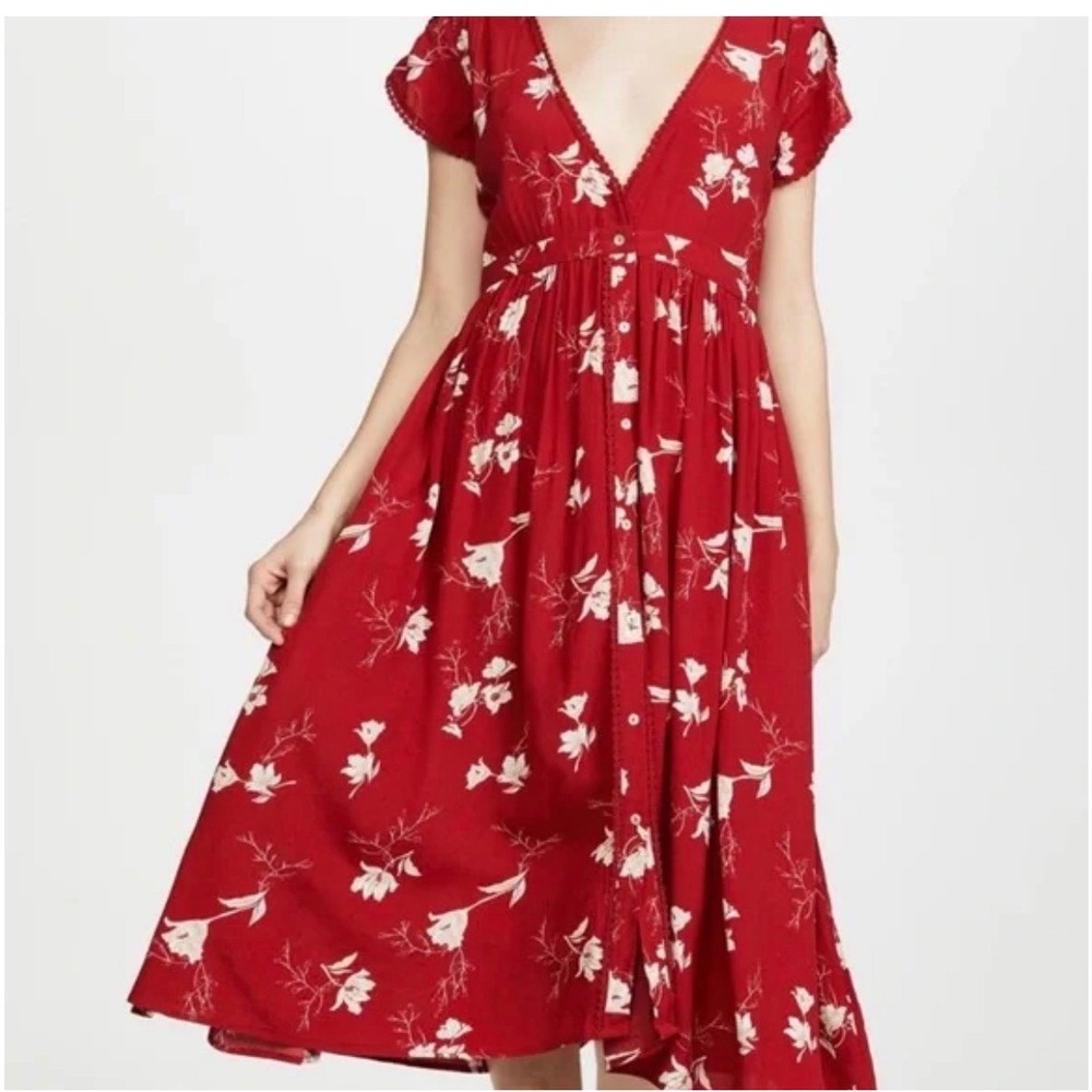 Knot Sisters Domingo Midi‎ Dress In Scarlet Tulips Red Floral Womens Medium - Picture 2 of 11